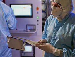 Silicon wafer in a clean processing room being hold by an engineer